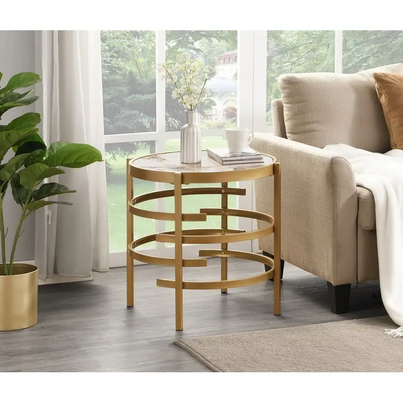 Round End Table with Sintered Stone Top and Metal Frame - 20.7 Inch