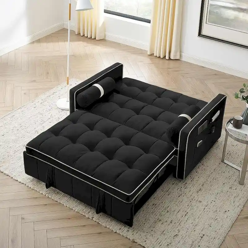 Velvet Multi-Functional Pull-Out Sofa Bed Adjustable Reclining Backrest With Pillows - N/A