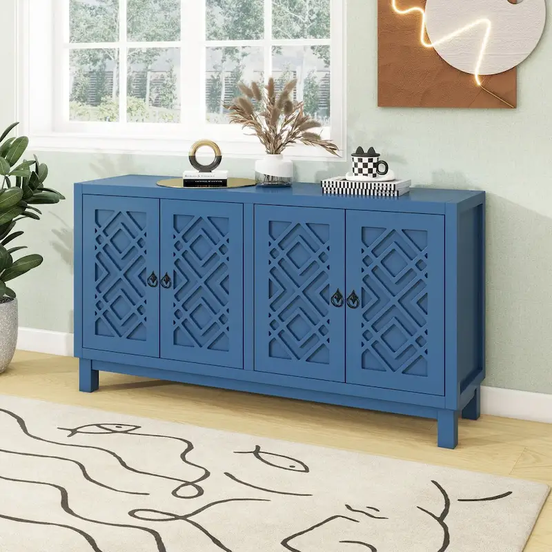 4-Door Buffet Cabinet with Rhombus Pattern Doors and Pull-Ring Handles