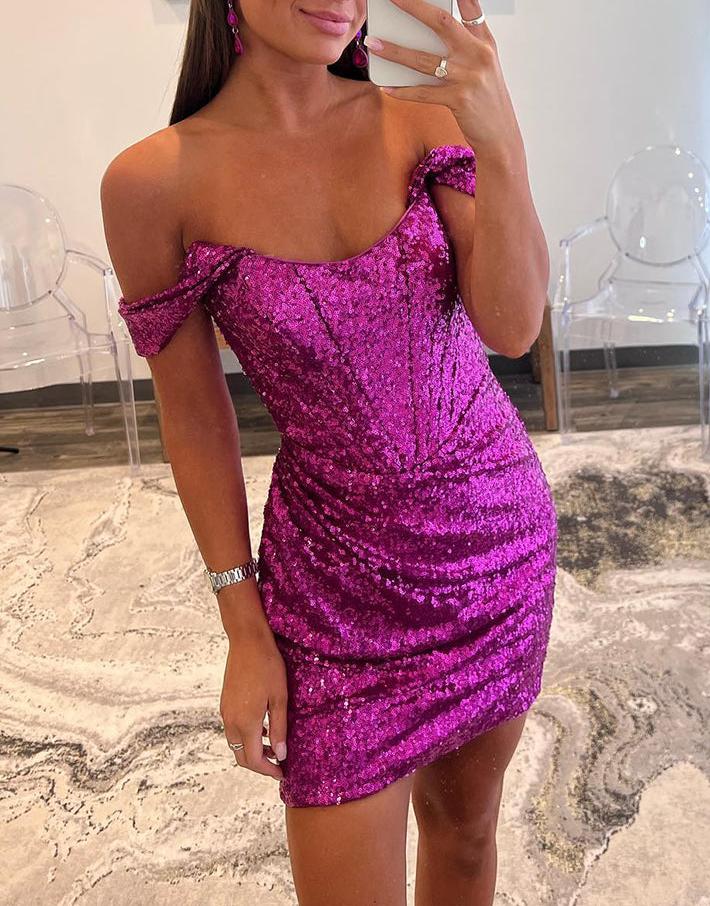 Dark Green Sheath Off the Shoulder Sequin Mini Party Dresses