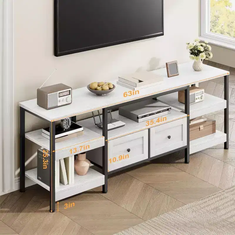 Industrial Style 63 TV Stand - Entertainment Center Holds 65 Screens w/2 Drawers, Open Shelves & Metal Frame
