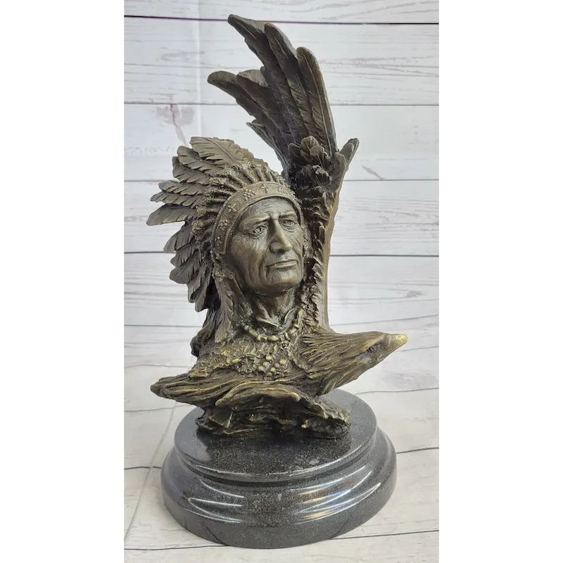 Native American Man Eagle Bronze Metal Bust Sculpture Statue On Marble Base