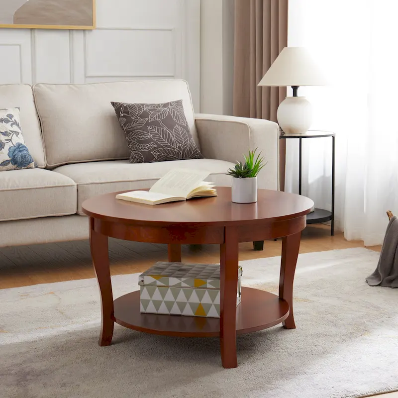 Beige / White Round Coffee Table with Open Storage Shelf, 30