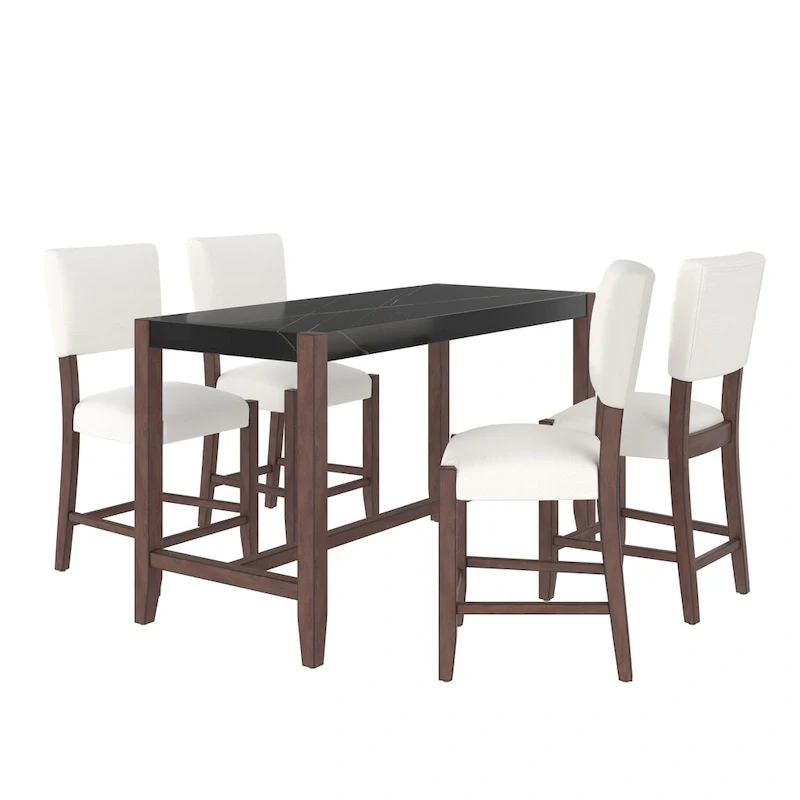 5-Piece Counter Height Dining Table Set, Faux Marble Bar Table and 4 Upholstered-Seat Chairs