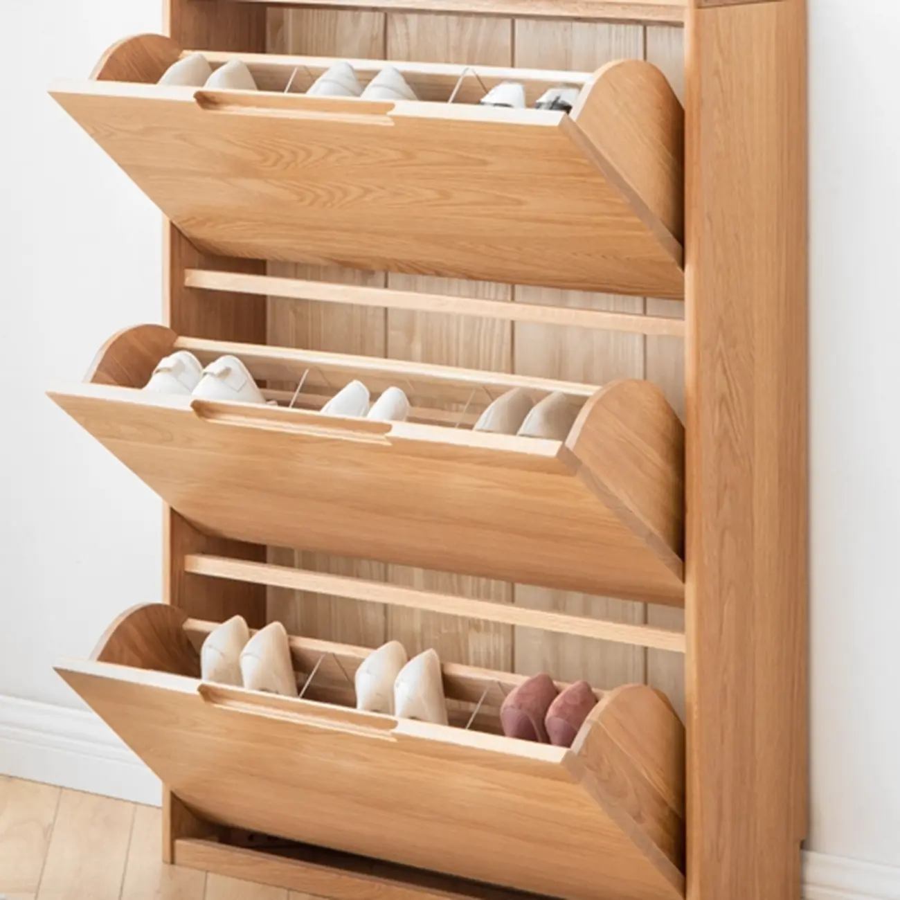 Entryway Oak Drop Front Shoe Cabinet with Display Top