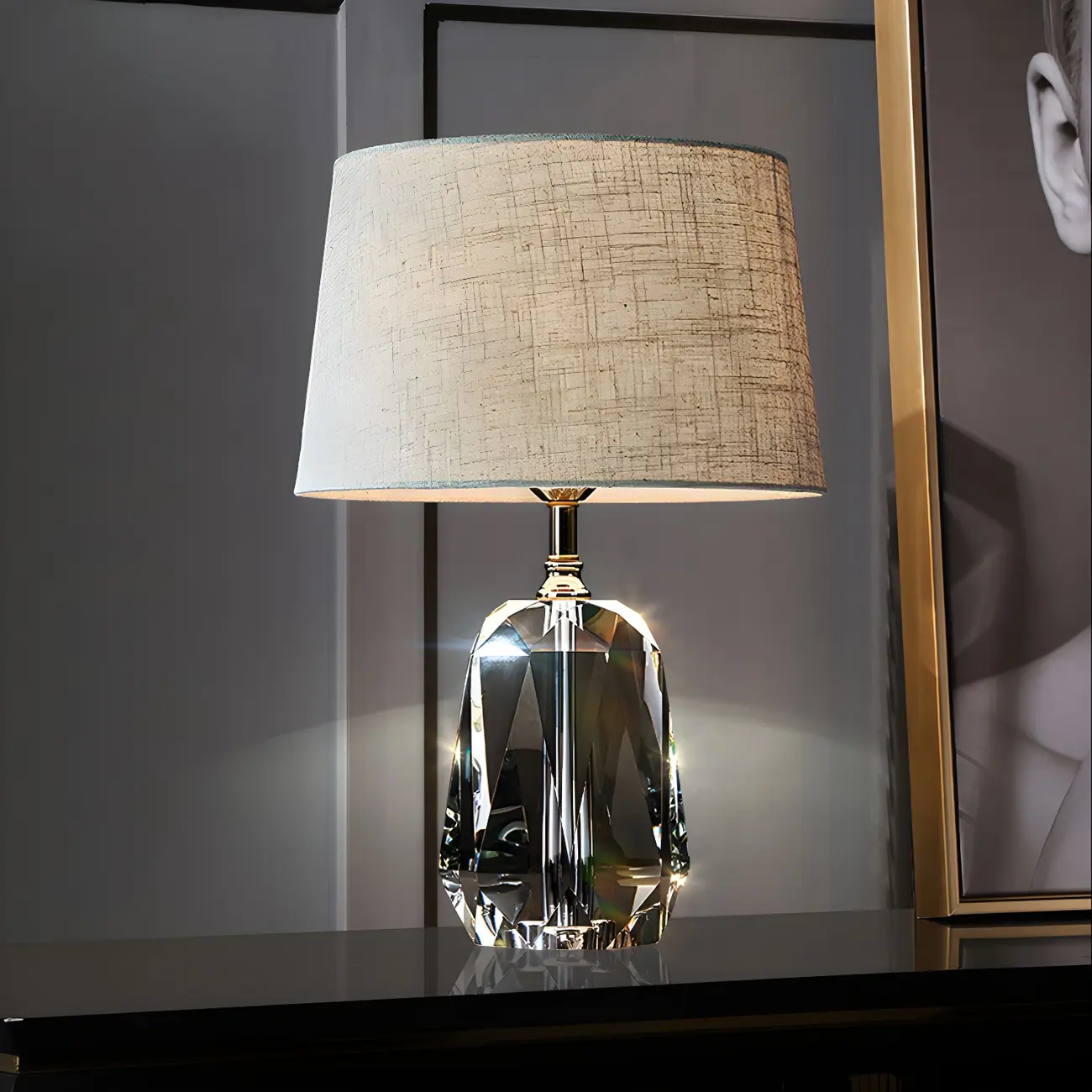 Elegant Cylindrical Crystal Base Table Lamp with Linen Shade