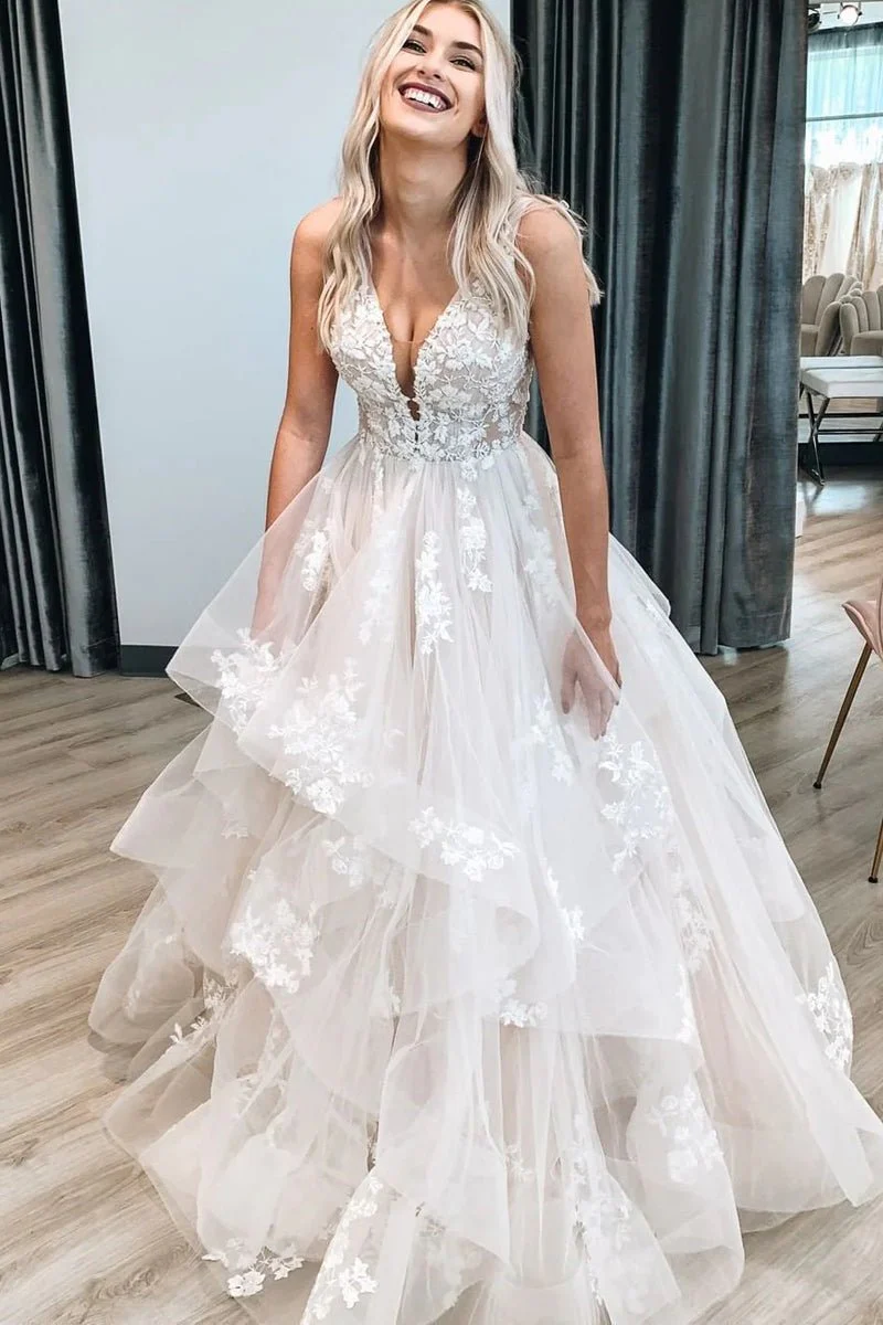 Elegant A-Line V Neck Wedding Dresses with Appliques