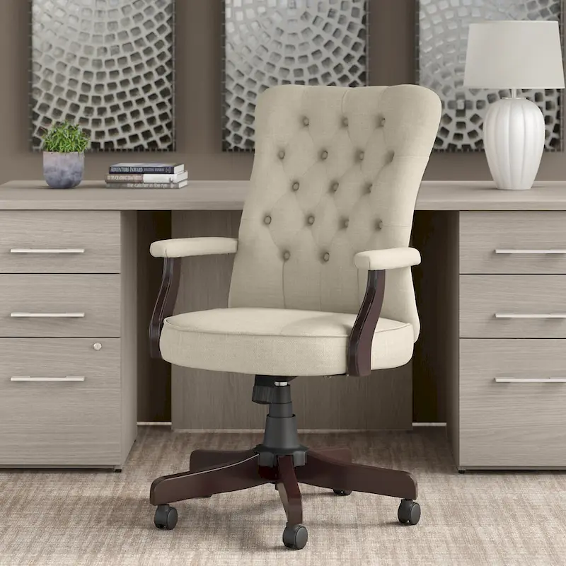 High Back Tufted Office Chair with Arms - Espresso Wood Base