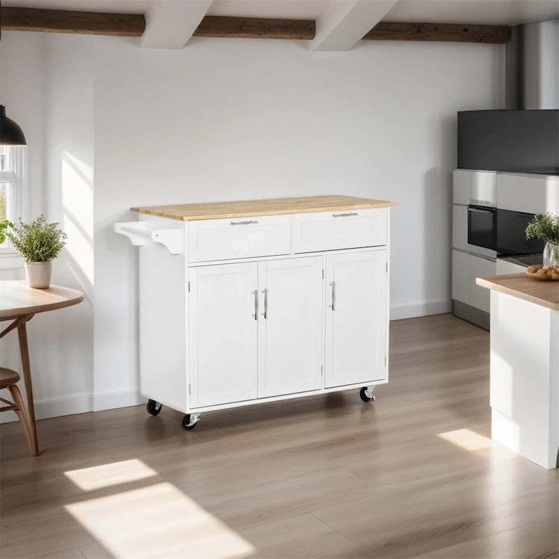 Mobile Wood Kitchen Island with Storage and Adjustable Shelves - N/A