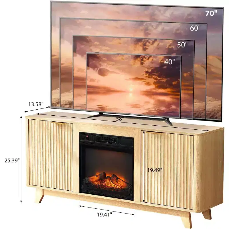VINGLI Fireplace TV Stand for up to 70 inch TVs, Fluted Entertainment Center with Electric Fireplace Heater & Adjustable Shelves, Oak