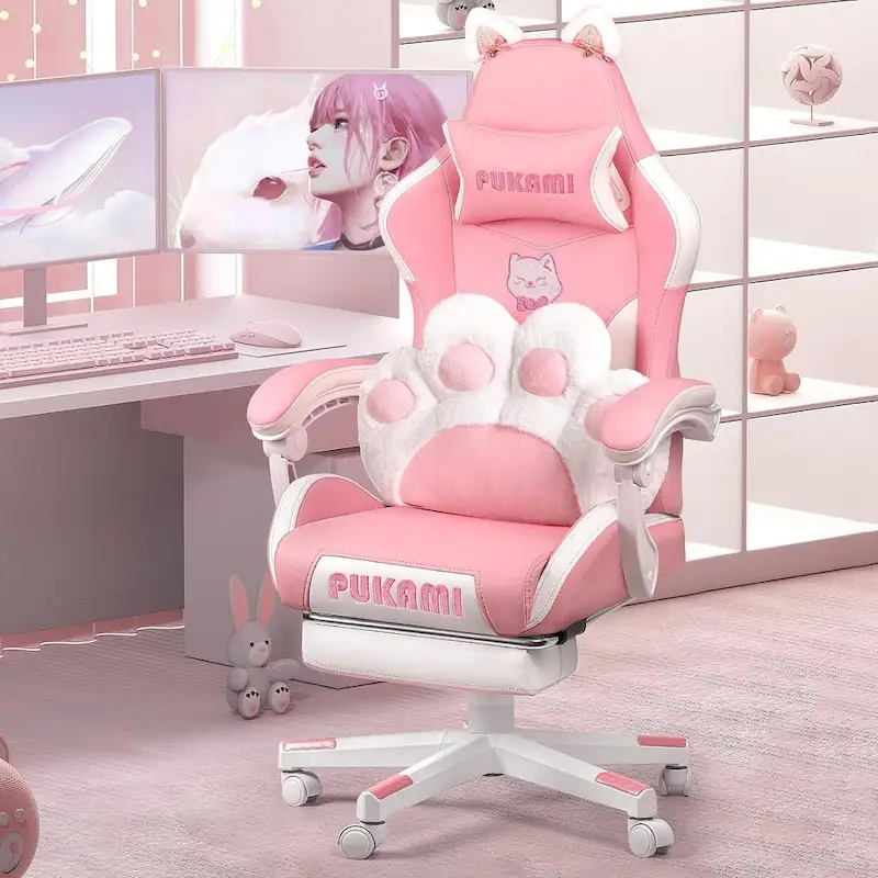 Black / Pink Kawaii Gaming Chair with Cat Ears & Footrest, for 1 Person