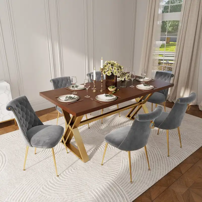 7-Piece Walut Wood Dining Table with Velvet Chair Dining Chair