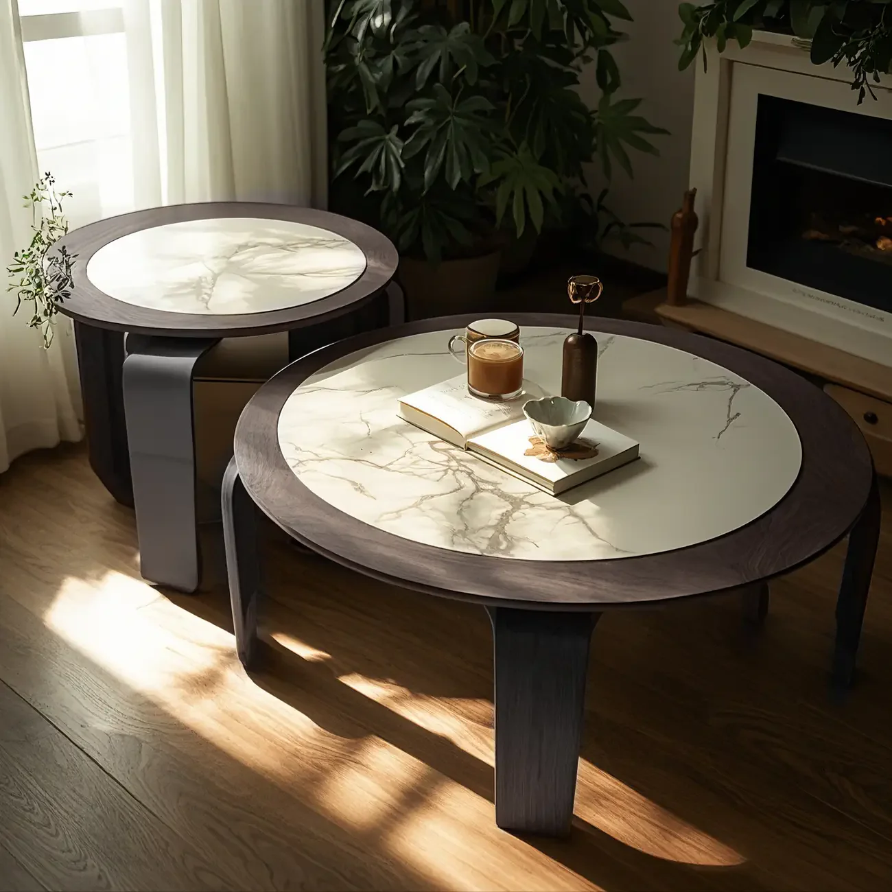Unique Marble Round 2 Nesting Coffee Table Set with Wood Base