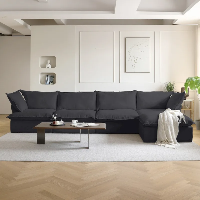 Gray Velvet L-Shape Sectional Sofa - 5 Seat