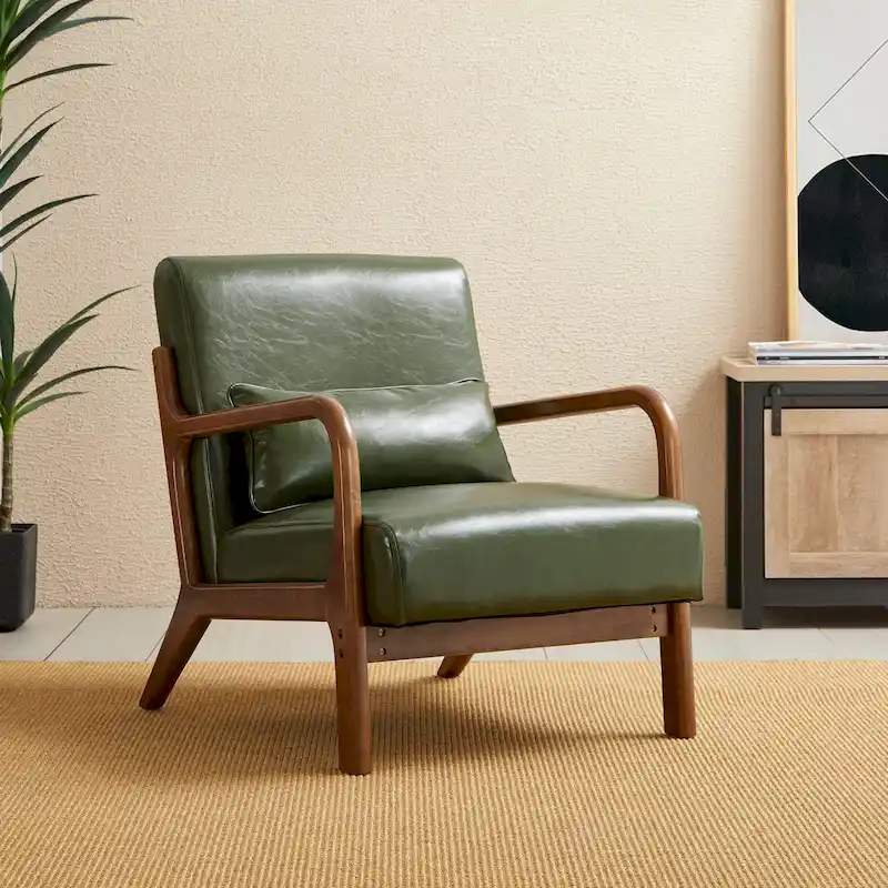 30.75H Mid-Century Modern PU Leather Armchair Accent Chair with Pillow - 25.75W x 33.75D x 30.75H