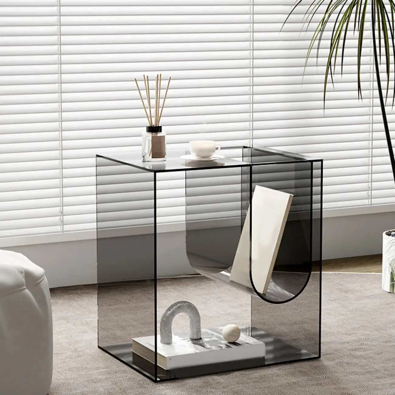 Stylish Gray Acrylic Side Table with Magazine Rack