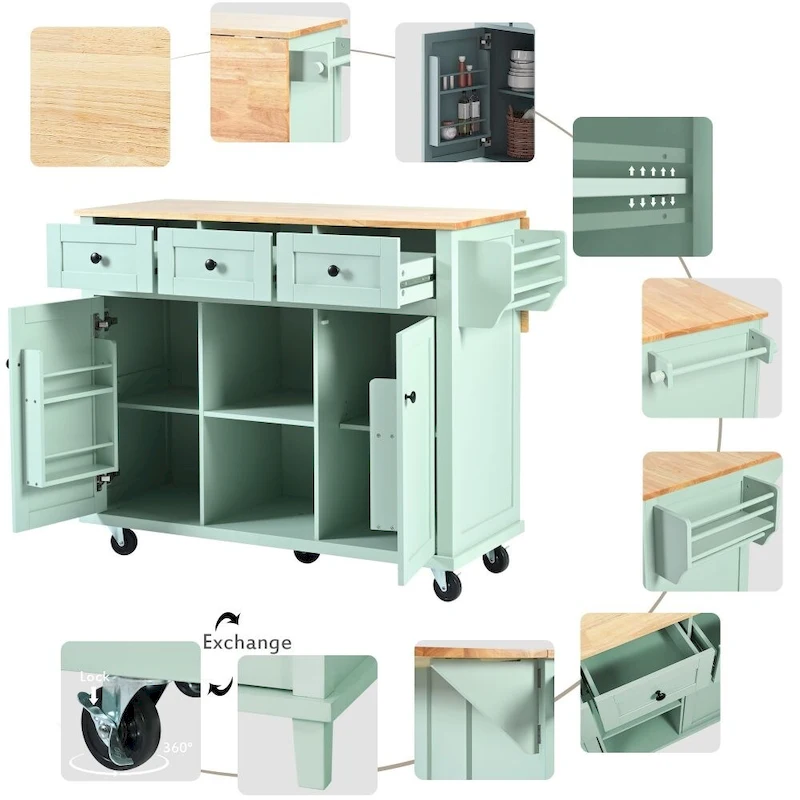 Kitchen Cart with Rubber Wood Drop-Leaf Counter Top