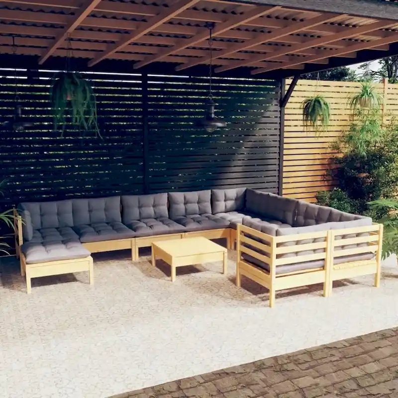 vidaXL Solid Pinewood Patio Lounge Set 11 Piece with Cushions Multi Colors