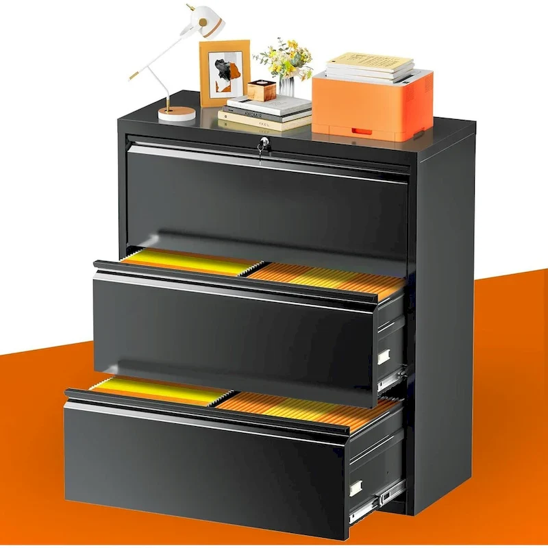 Black / White 4-Drawer Metal Lateral Filing Cabinet with Lock