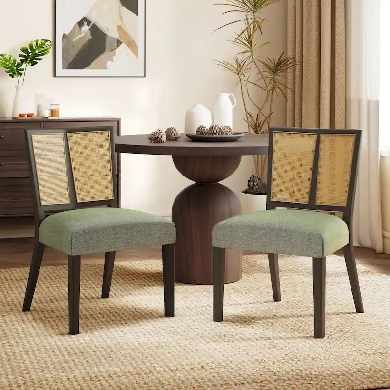 '- Oliver Mid-Century Rattan Back Upholstered Dining Chair Set of 2