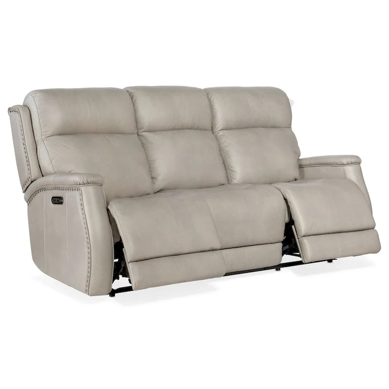Sahara Sand / Ash Leather Power Recliner Sofa with USB Port & Brass Nailhead Trim – 3-Seat