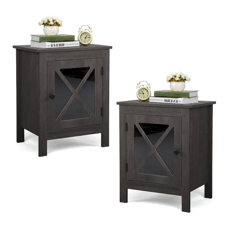 Brown / White / Natural / Grey Industrial Nightstand with Glass Door, Set of 2