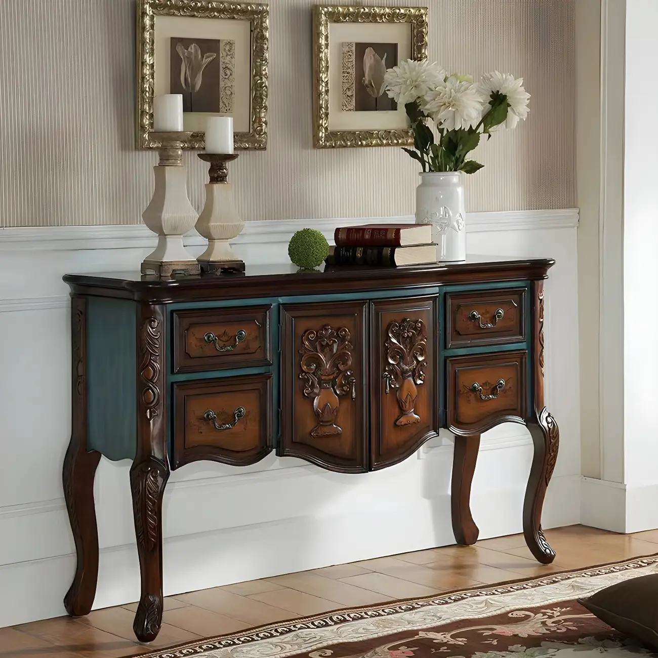French Coffee Wood Storage Console Table with Drawers