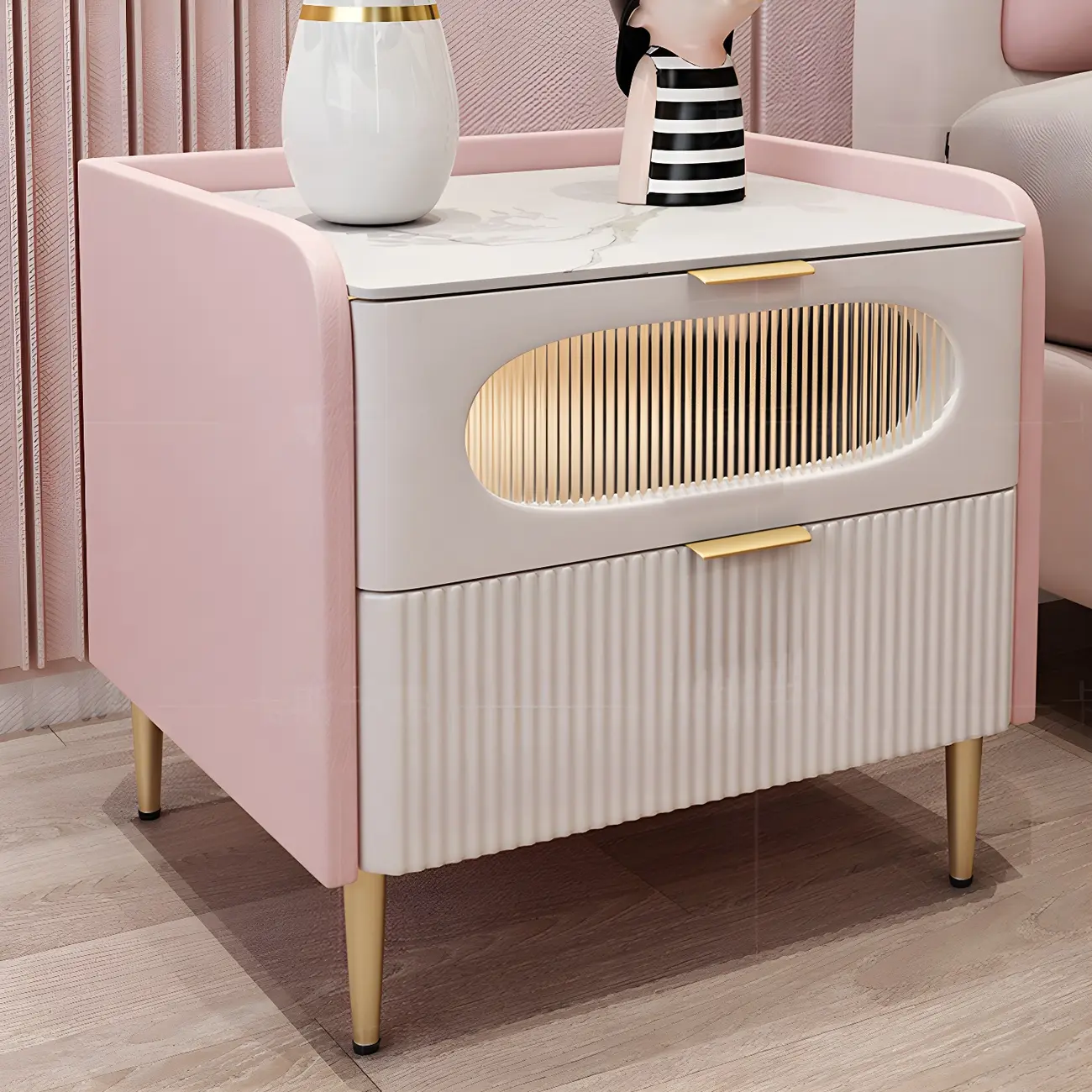 Modish Leather Bedside Table 2 Drawers with Stone Countertop