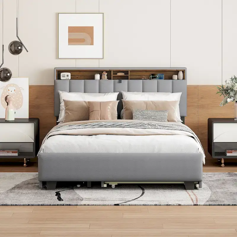 Queen Size Upholstered Platform Bed w/ Storage Headboard, Twin XL Size Trundle & 2 Drawers & USB Ports, Linen Fabric, Gray