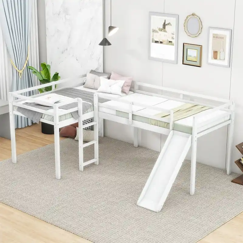 White/Grey L-Shaped Twin Size Wood Loft Bed with Slide & Ladder, 2-Person