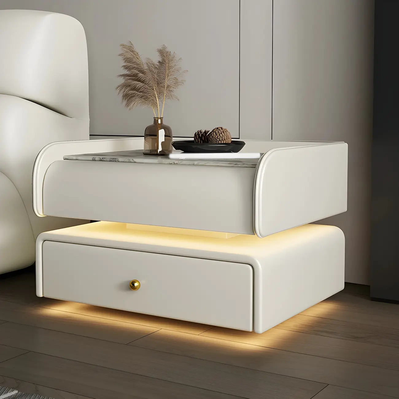 Black LED Marble Top Drawer Storage Nightstand