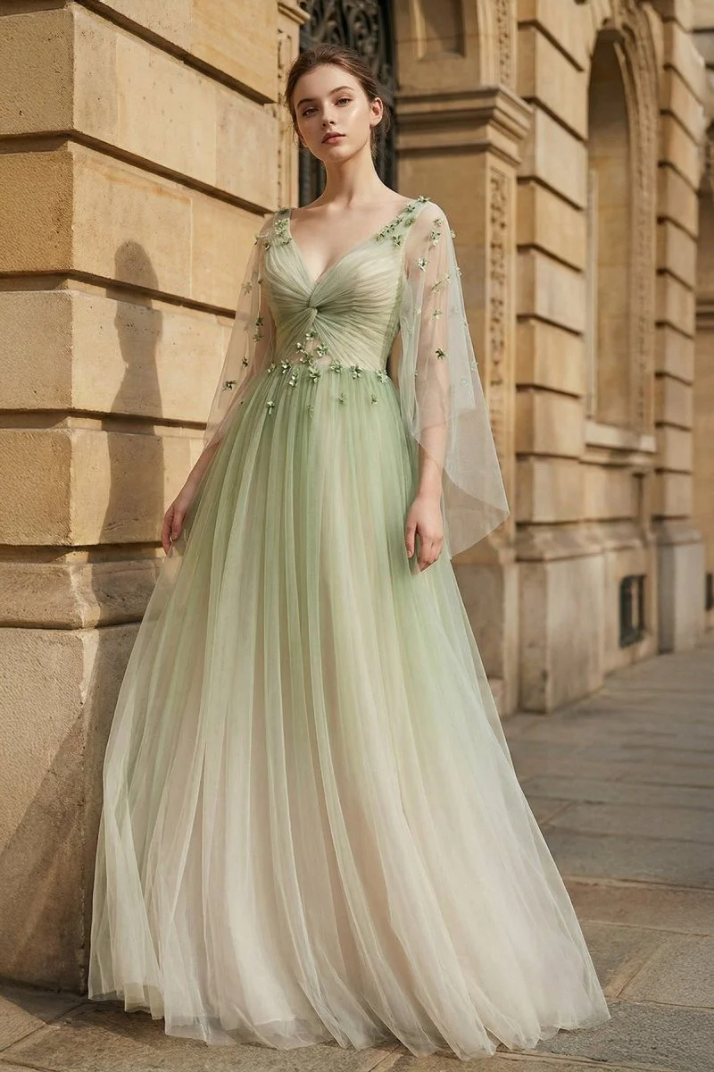 Sage Long Sleeves A Line Tulle Prom Dress With Appliques
