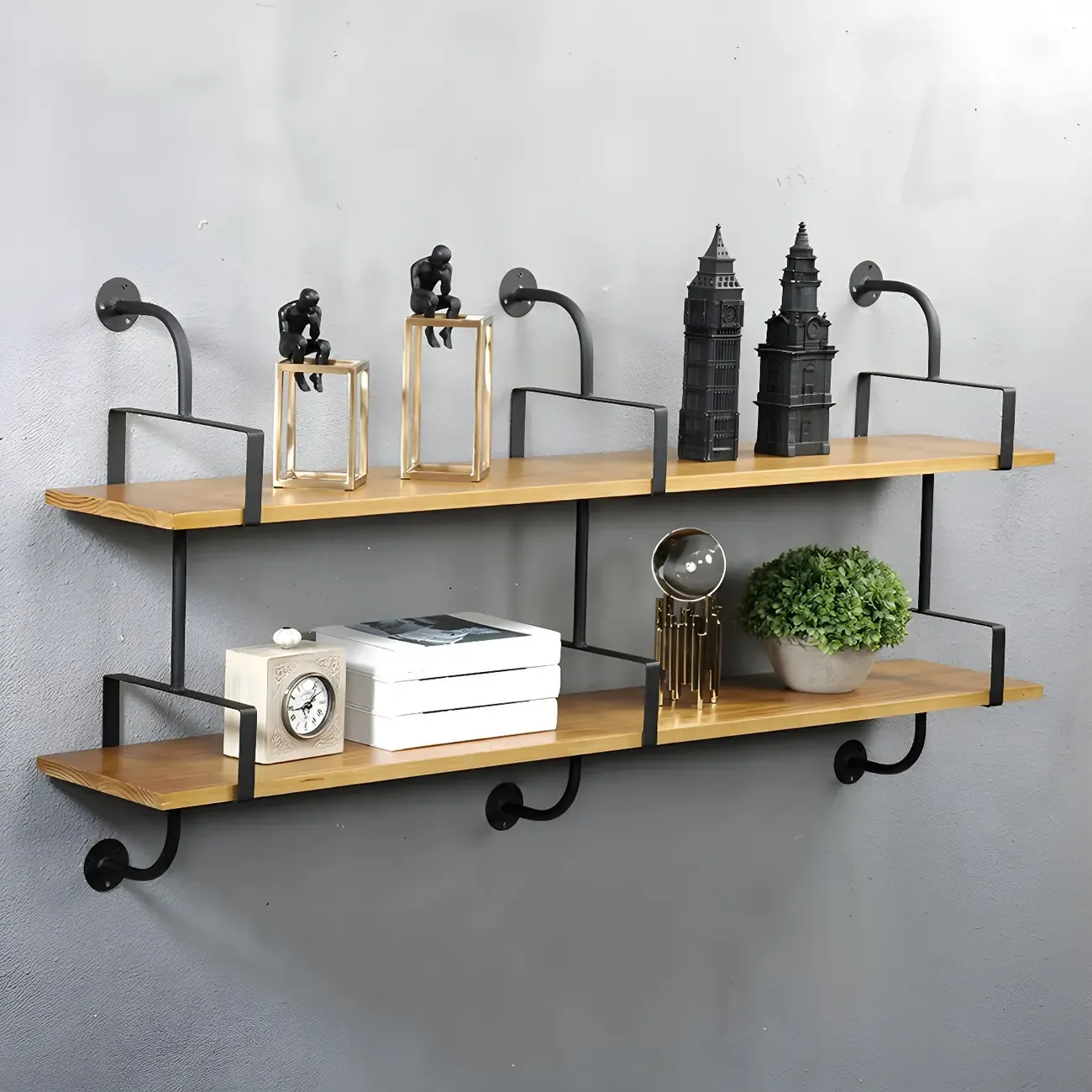 Simple 2-Tier Wood Metal Wall-Mounted Bookcase