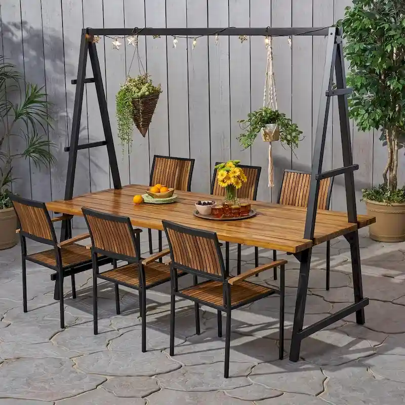 Andrea Outdoor 6 Seater Acacia Wood and Planter Dining Set by Christopher Knight Home - N/A