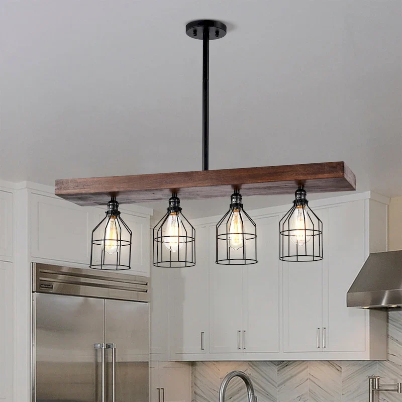 Malli Farmhouse Kitchen Island Chandelier Wood Grain Finish Metal Matte Black Lighting - Matte Black and Wood Grain
