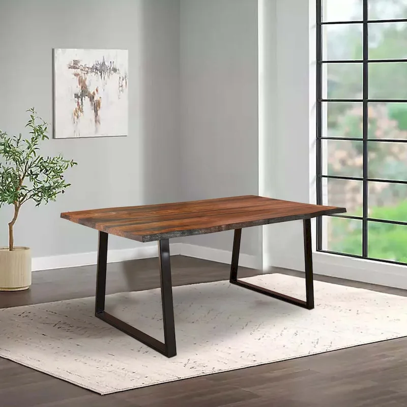 80 Inch Rectangular Dining Table, Live Edge, Iron Base, Chestnut Brown