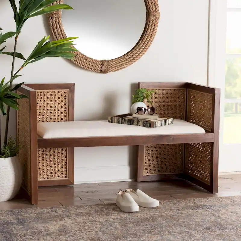 Lovina Bohemian Light Honey Rattan and Acacia Wood Accent Bench