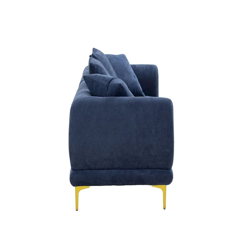 Fabric Sofa with Recessed Arms & Metal Legs – Blue / Beige, Mid-Century Modern, Seats 4