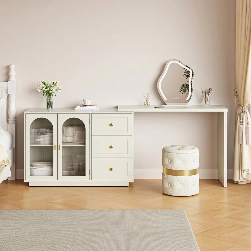 Sunvivi Extendable Corner Vanity 2 Door Makeup Table Without Mirror