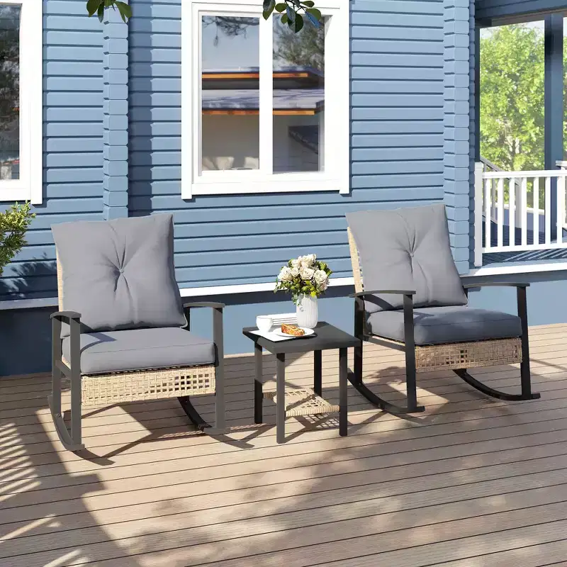 Outsunny 3 Pieces Patio Bistro Set, Wicker Furniture Set with Button Tufted Cushions, Rattan Rocking Chairs and Coffee Table