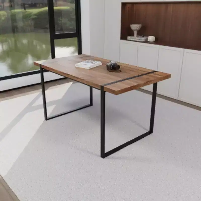 Dining Table Modern Industrial Rectangular MDF Natural Wood, 4-6 People, 1.5 Thick Engineering Wood Tabletop and Black Rectangular Metal Legs,