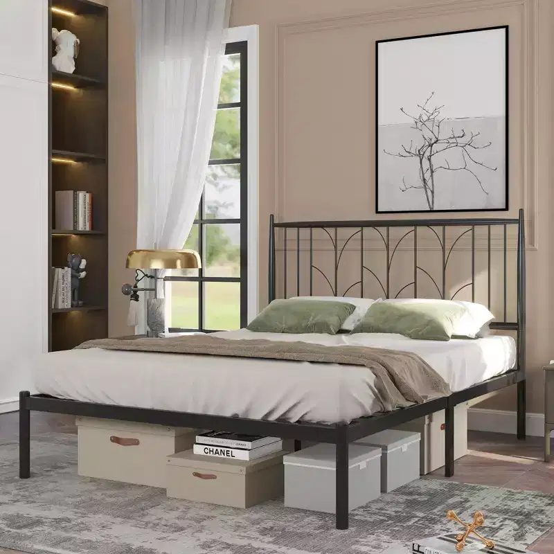 Full Size Bed Frame with Vintage Style Headboard/Mattress Foundation/Under Bed Storage/No Box Spring Needed/Strong Slat Support Black
