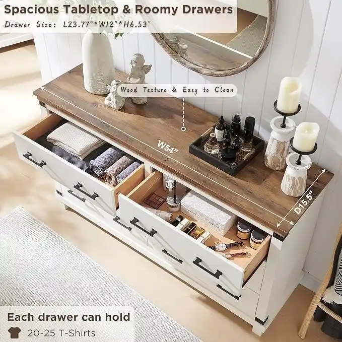 Farmhouse 6 Drawers Dresser, Wood Chest of Drawers, Closet Dresser