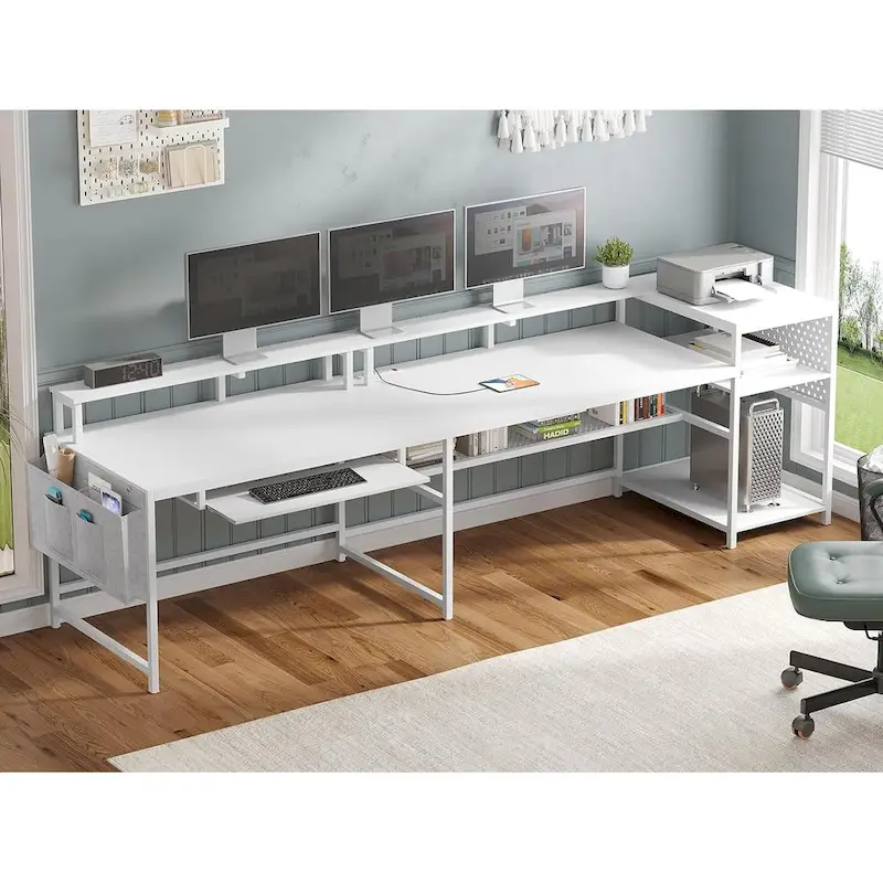 L Shaped Computer Desk Gaming Desk Keyboard Tray Power Outlets & LED