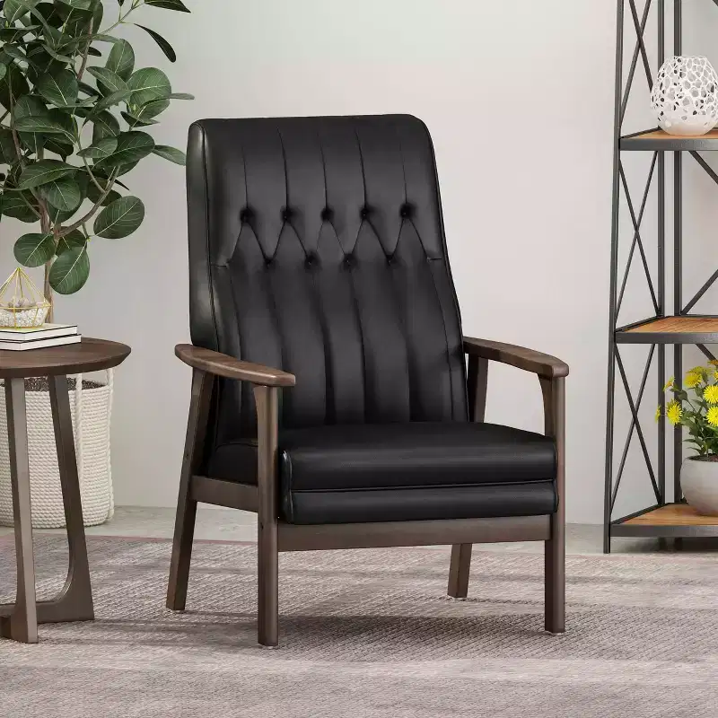 MAYEERTY Mid Century Modern Accent Chair, Upholstered Matte Black Faux Leather, Living Room Bedroom