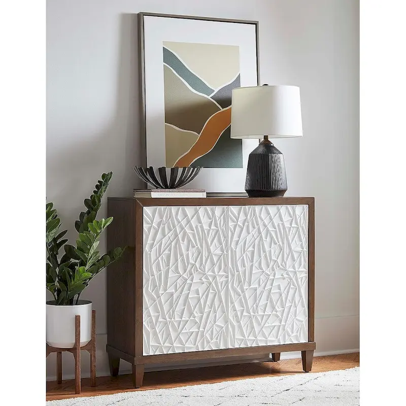 Brown & White Wood Console Cabinet — String Art Doors, 1-Person Assembly, 3 Sizes