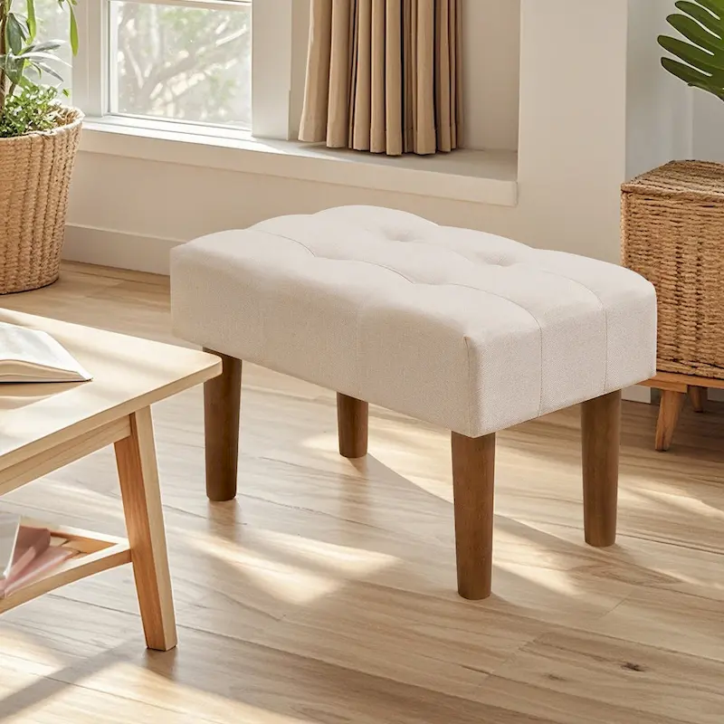 2 Pcs Small Foot Stool Ottoman, Linen Ottoman Foot Rest with Legs, Rectangle Upholstered Footrest