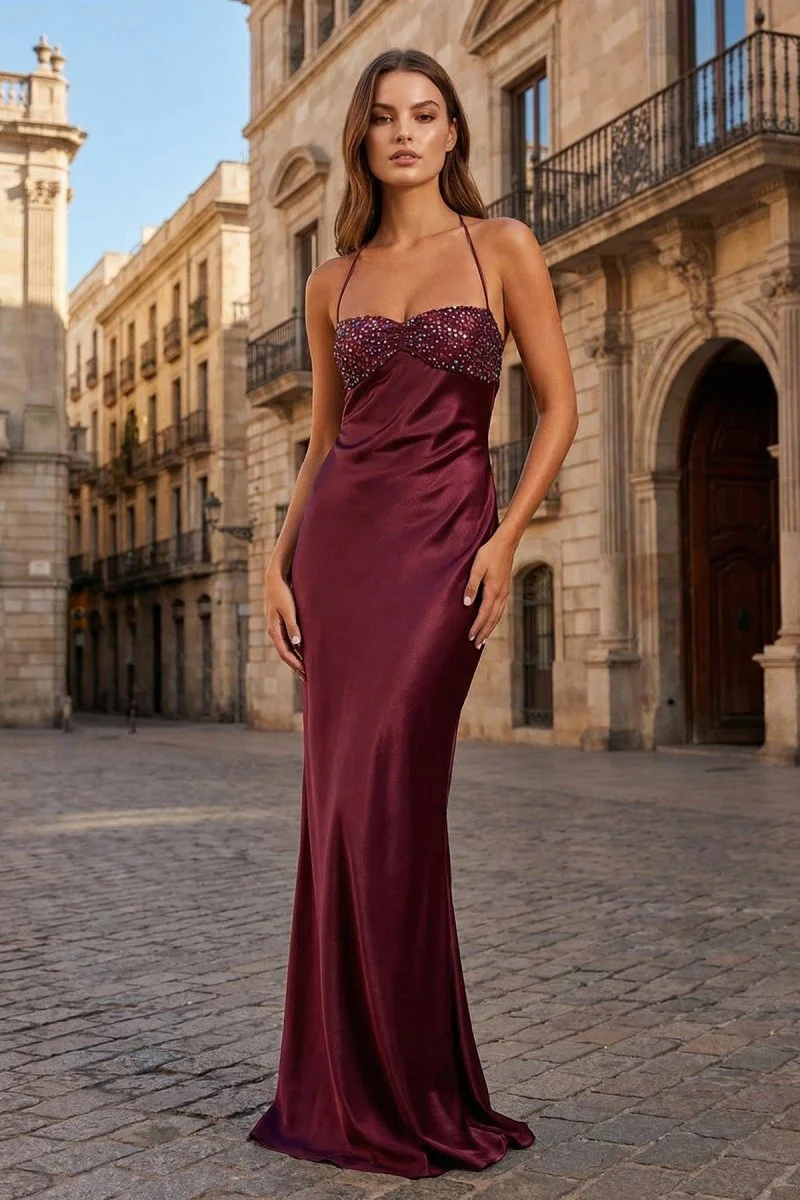 Magenta - Halter Sheath Satin Long Prom Dresses With Sequins