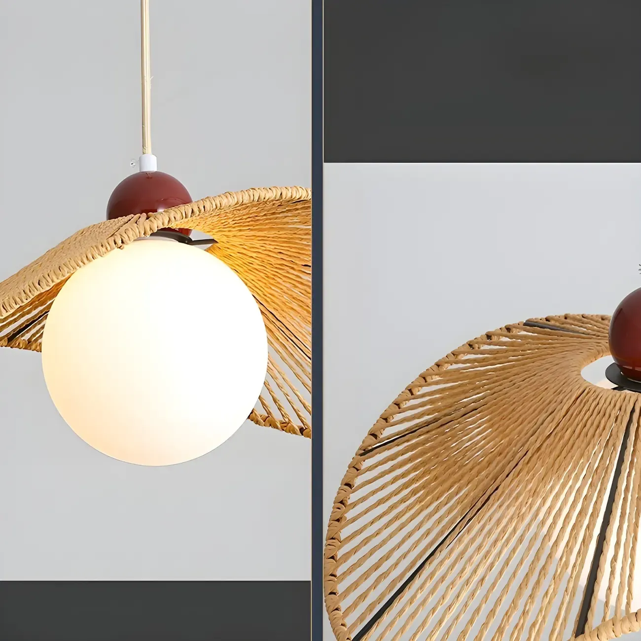Rattan Curved White Glass Globe Pendant Light