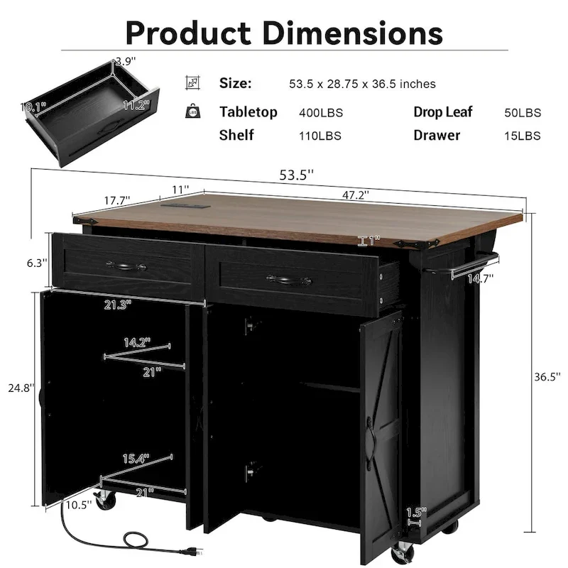 53.5 Farmhouse Kitchen Trolley with Power Outlet, Drop Leaf, Spice Rack, and Drawers, Mobile Cart on Wheels
